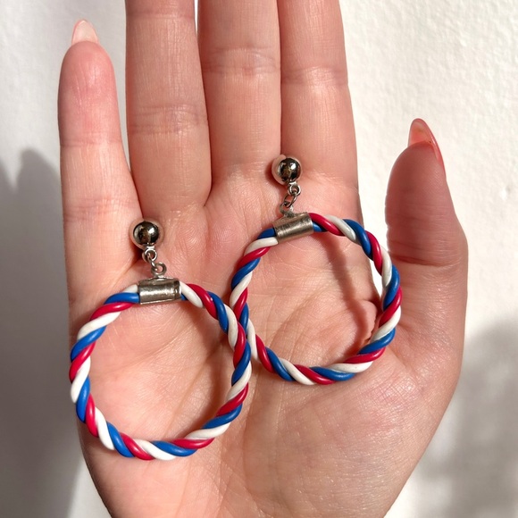 Vintage 60s/70s Red White Blue Hoop Earrings - Picture 1 of 4